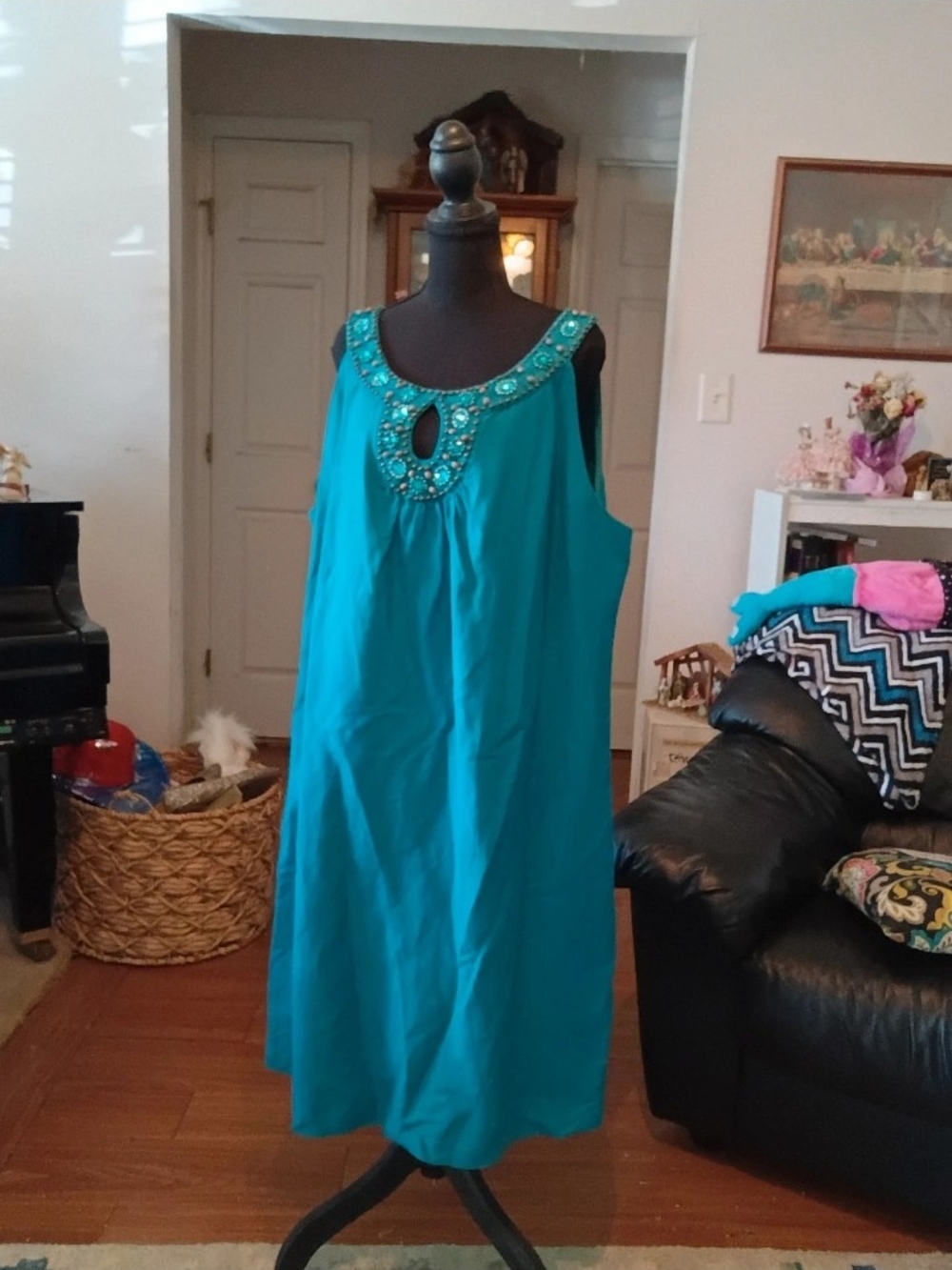 madison leigh Teal Sleeveless Dress with Beaded Neckline
